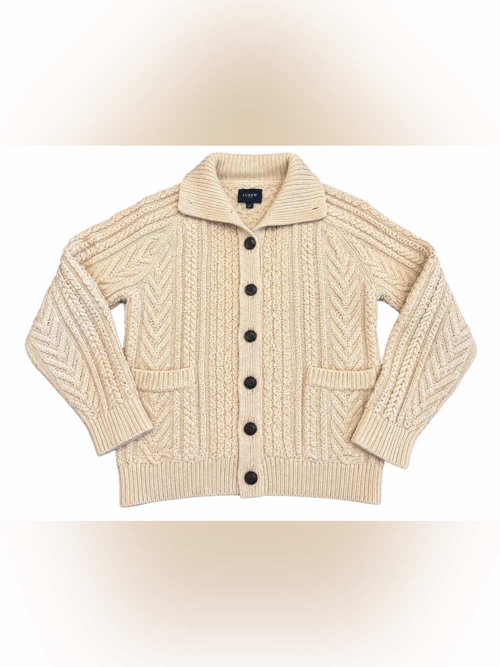 J. Crew Men's wool Cream Cable-Knit Shawl Collar Cardigan size XL